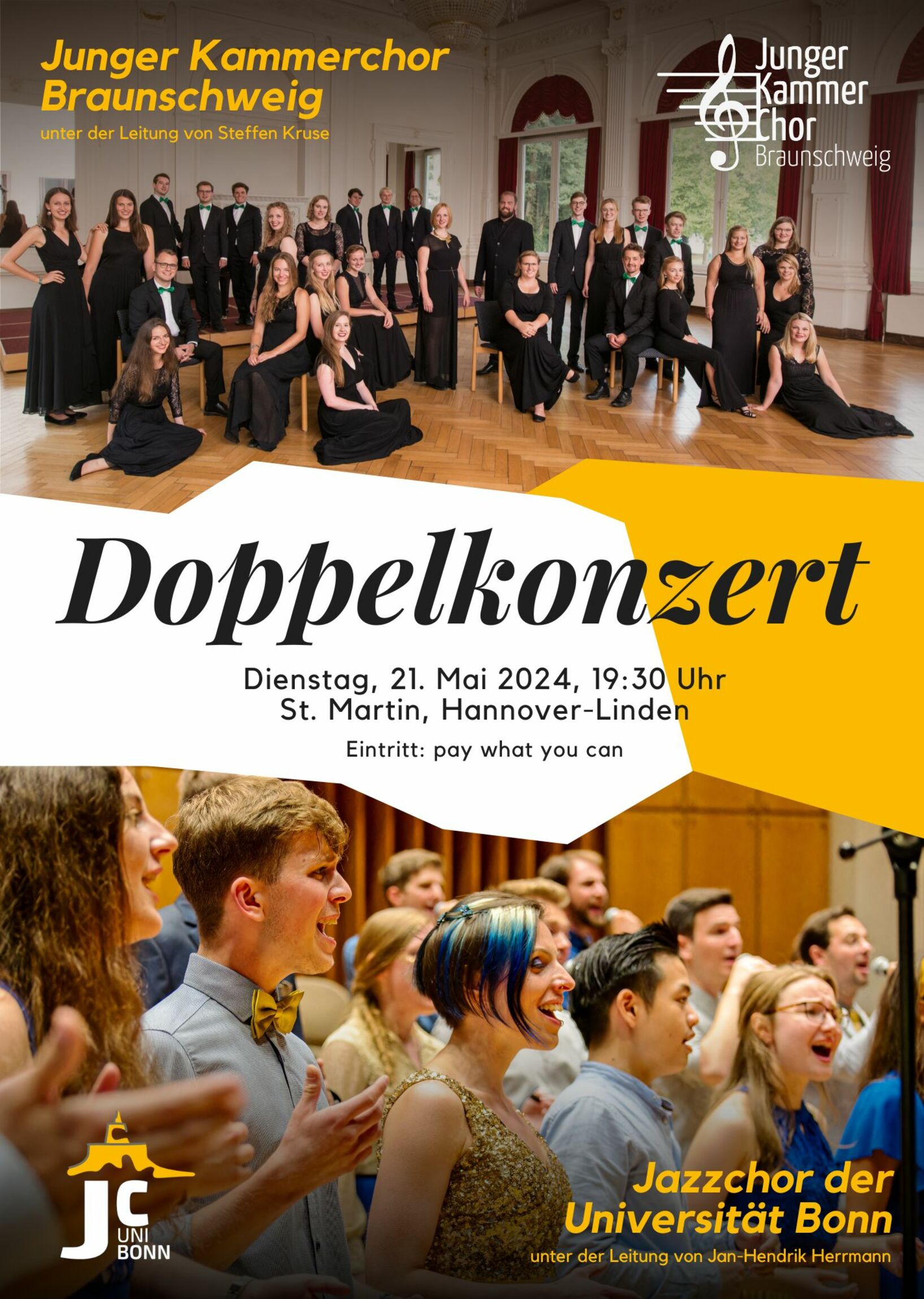 Plakat Doppel-Chorkonzert 21.05.2024: Junger KammerChor Braunschweig, Jazzchor der Uni Bonn