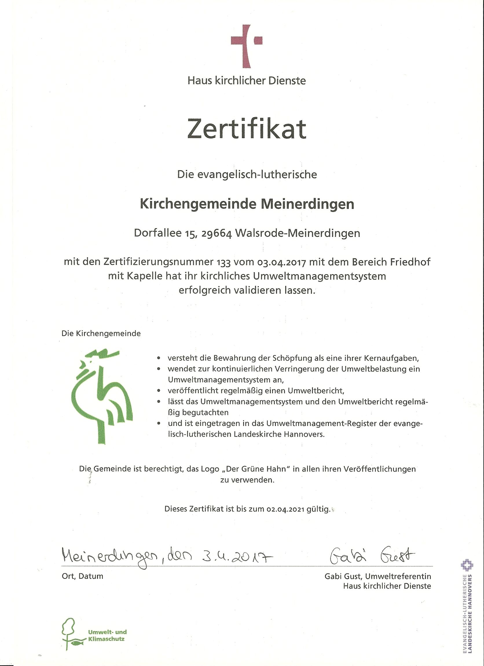 M-2017 Gruener Hahn Zertifikat