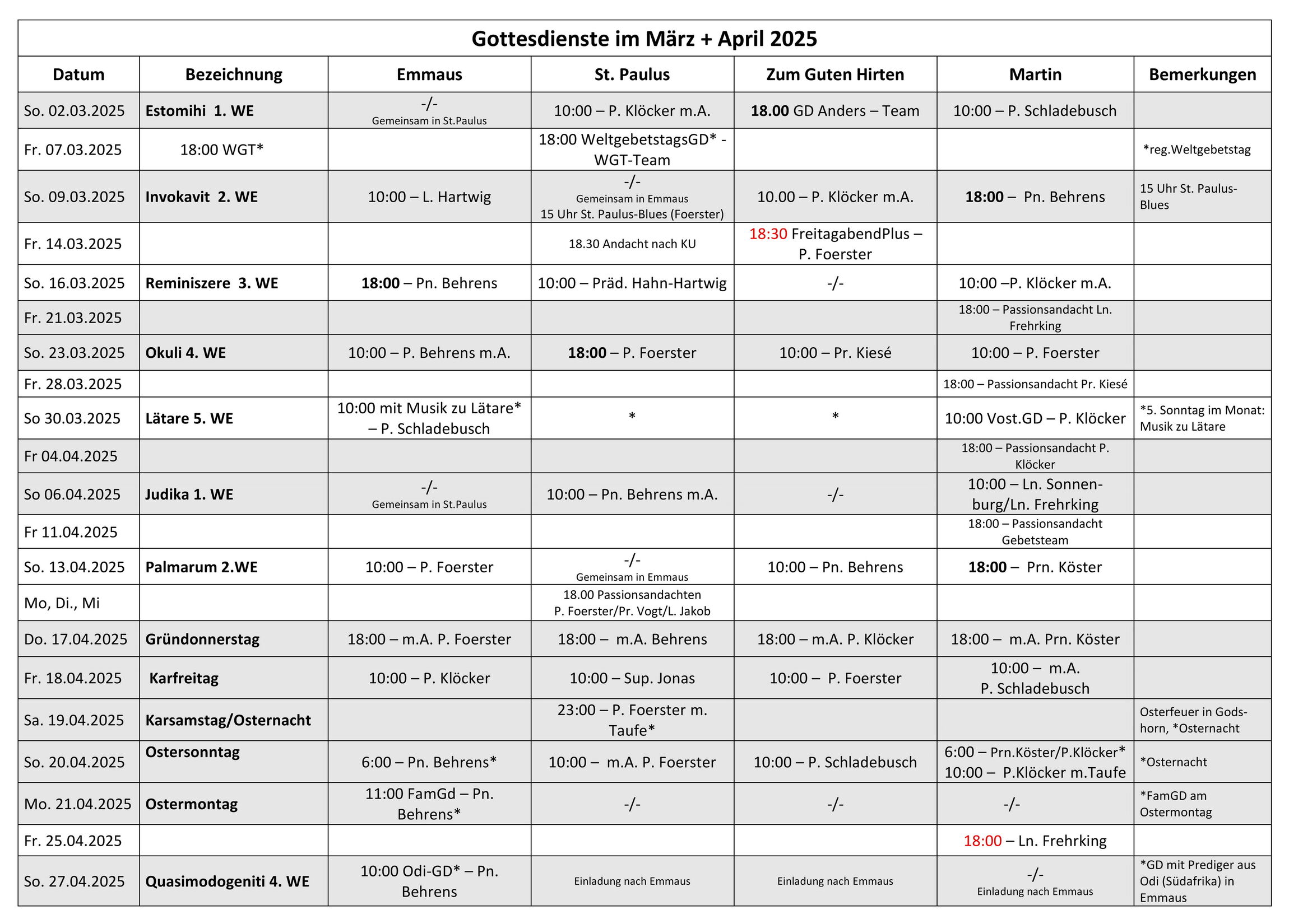 Gottesdienstplan für März, April