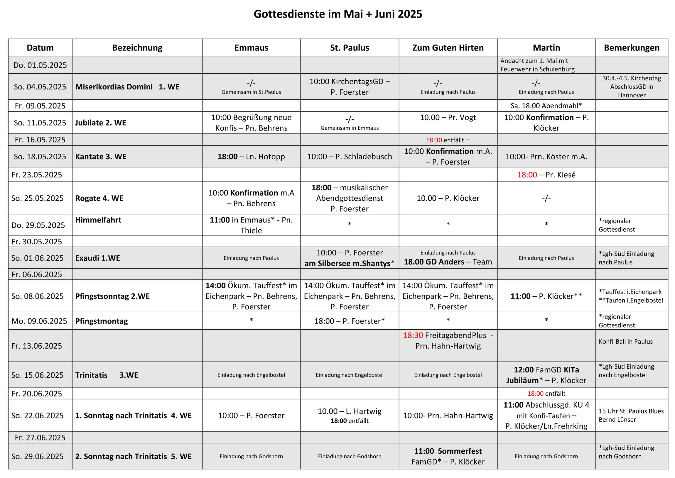 Gottesdienstplan für Mai und Juni