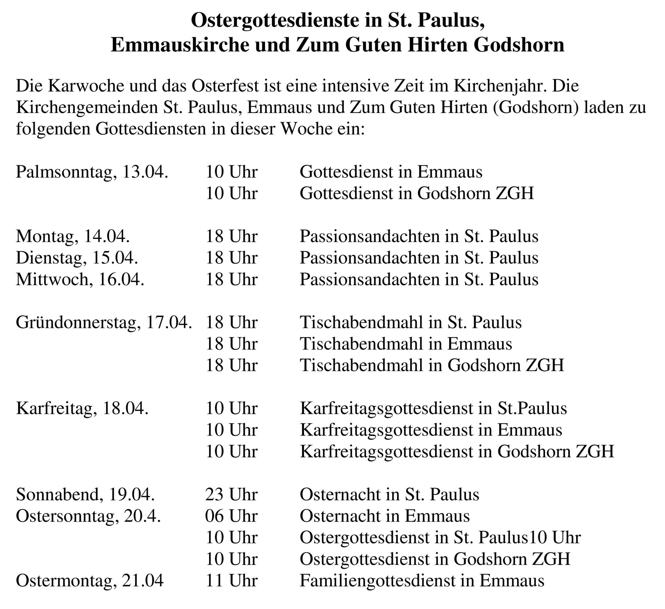 Gottesdienste zu Ostern
