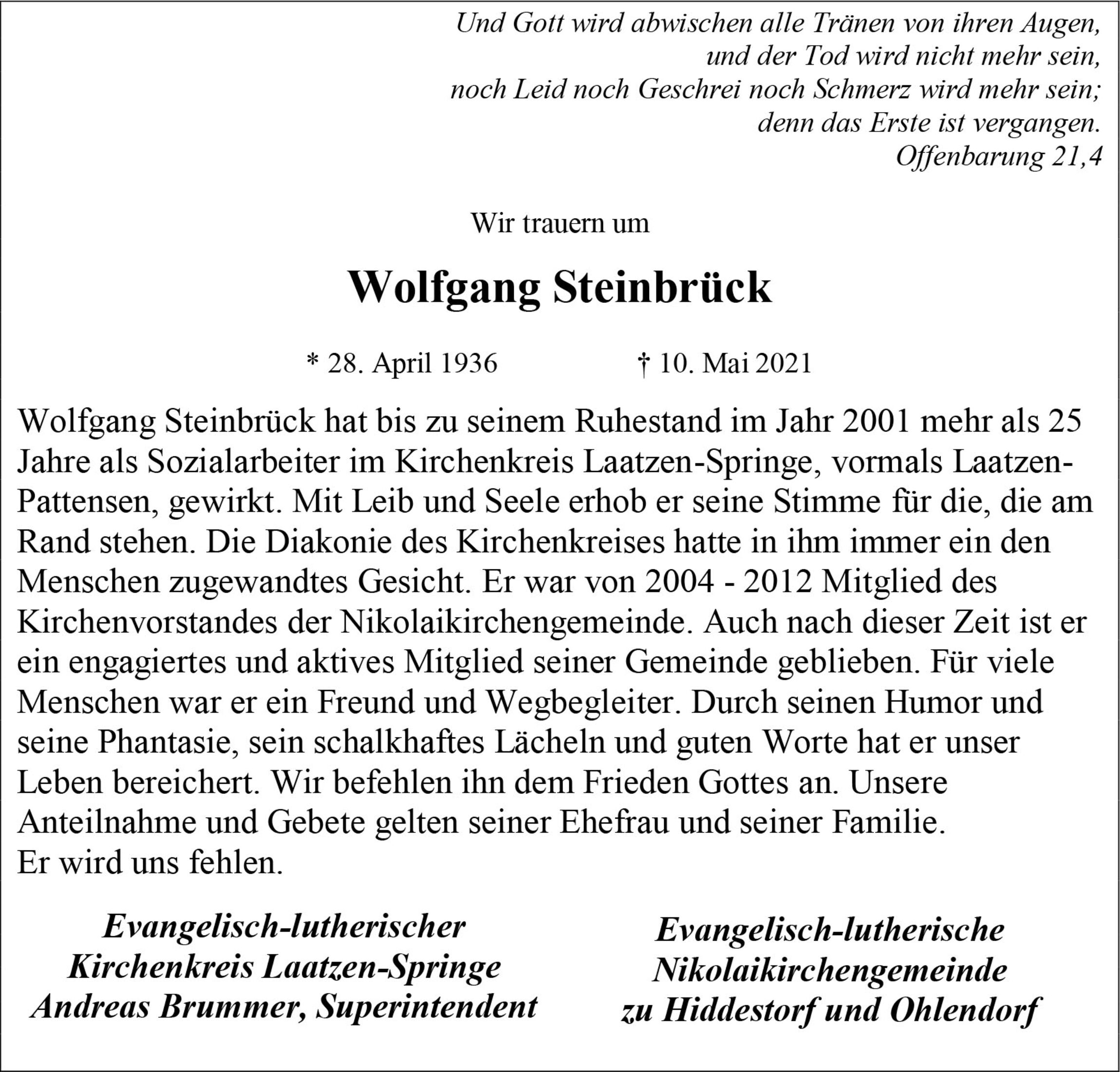 Traueranzeige Wolfgang Steinbrück