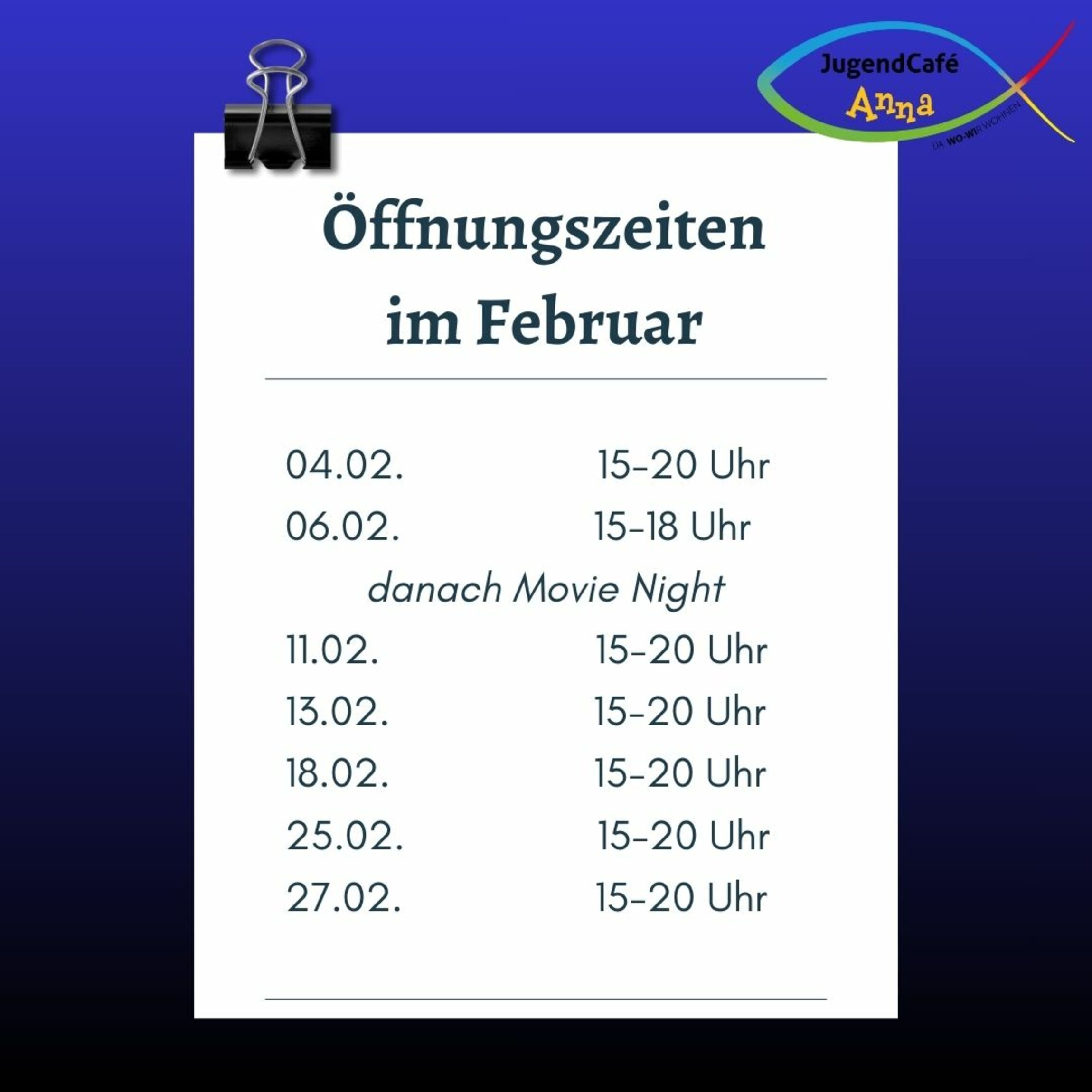 Öffnungszeiten im Jugendcafé Anna