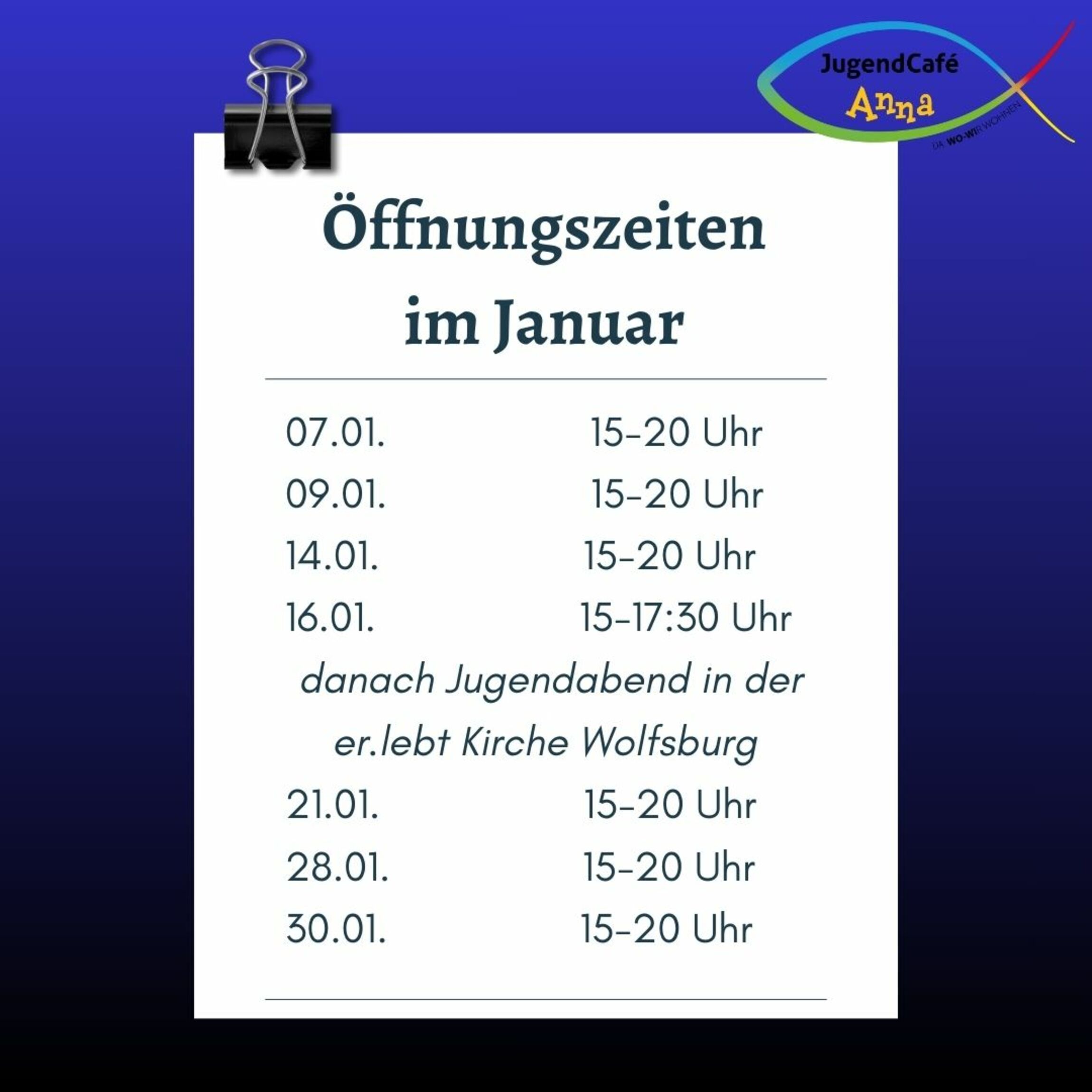 Öffnungszeiten im Jugendcafé Anna 01/2026
