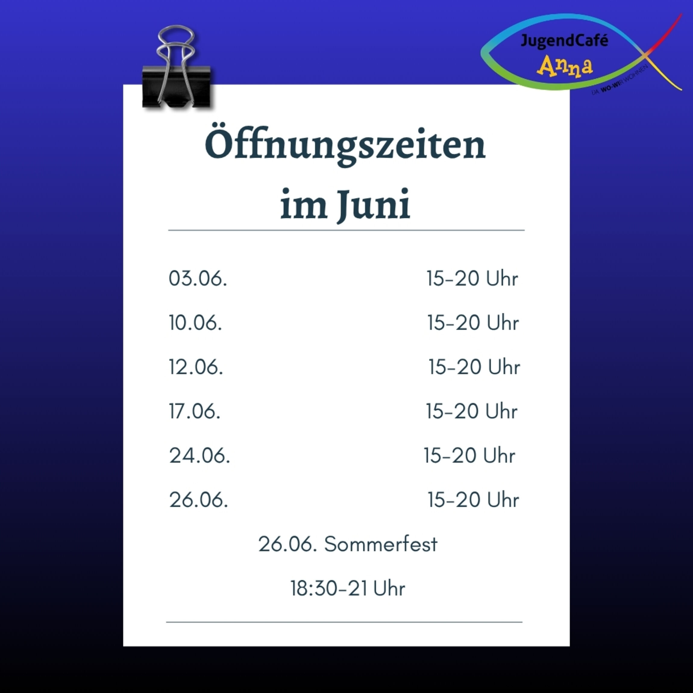 Öffnungszeiten Jugendcafé Anna Juni 2026
