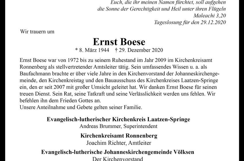 Todesanzeige für Ernst Boese