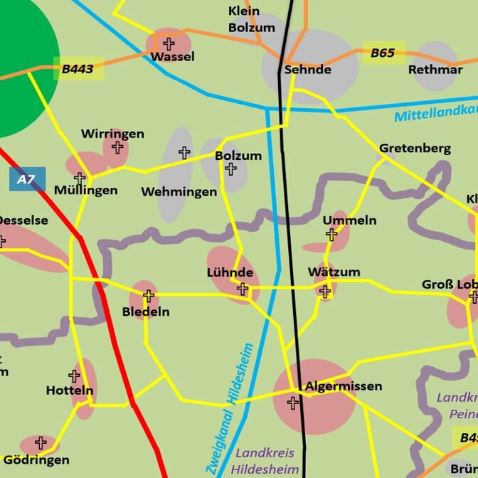 Kartenskizze für Zwölf-Apostel 2026, zzgl. Kirchen Bolzum/Wehmingen